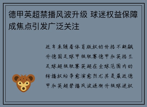 德甲英超禁播风波升级 球迷权益保障成焦点引发广泛关注