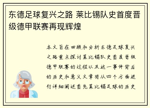 东德足球复兴之路 莱比锡队史首度晋级德甲联赛再现辉煌